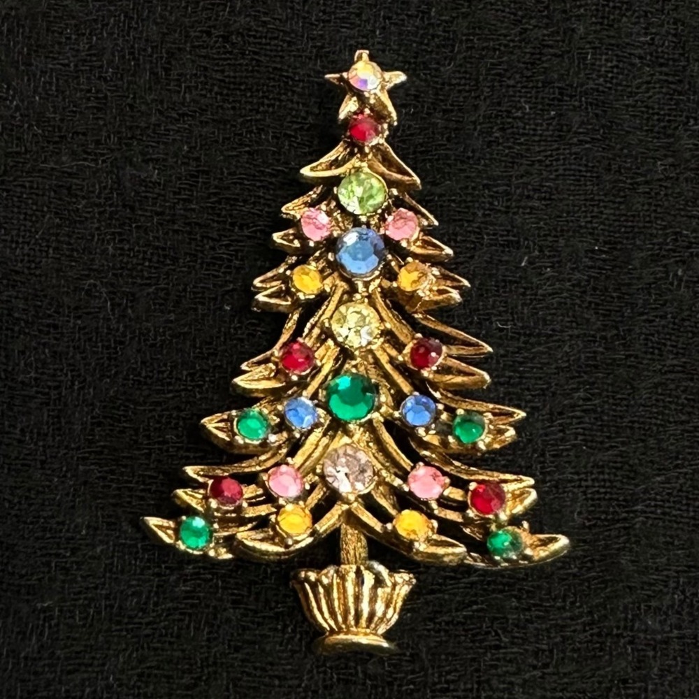 Christmas Tree Brooch Gold Tone Multicolor Rhinestone Holiday Pin - Picture 5 of 5